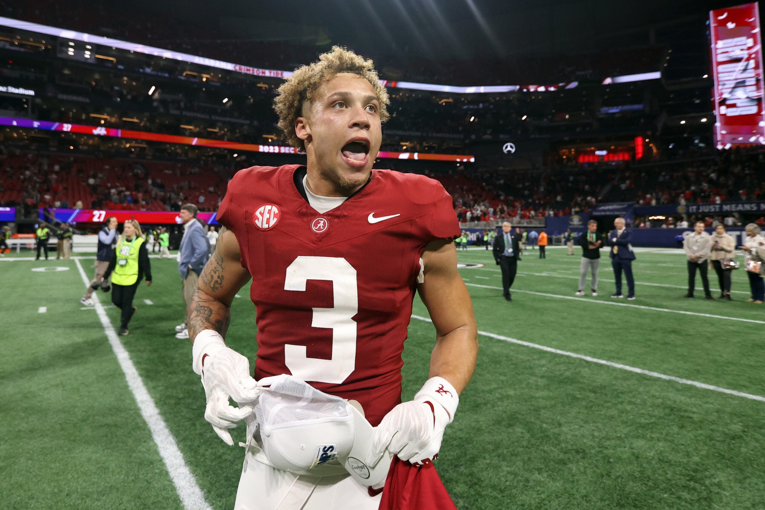 Dec 2, 2023; Atlanta, GA, USA; Alabama Crimson Tide wide receiver Jermaine Burton (3) celebrates after defeating the Georgia Bulldogs in the SEC championship game at Mercedes-Benz Stadium.