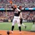 Cincinnati Bengals running back Joe Mixon (28) celebrates a touchdown catch and run in the first quarter during a Week 18 NFL football game between the Cleveland Browns at Cincinnati Bengals, Sunday, Jan. 7, 2024, at Paycor Stadium in Cincinnati.