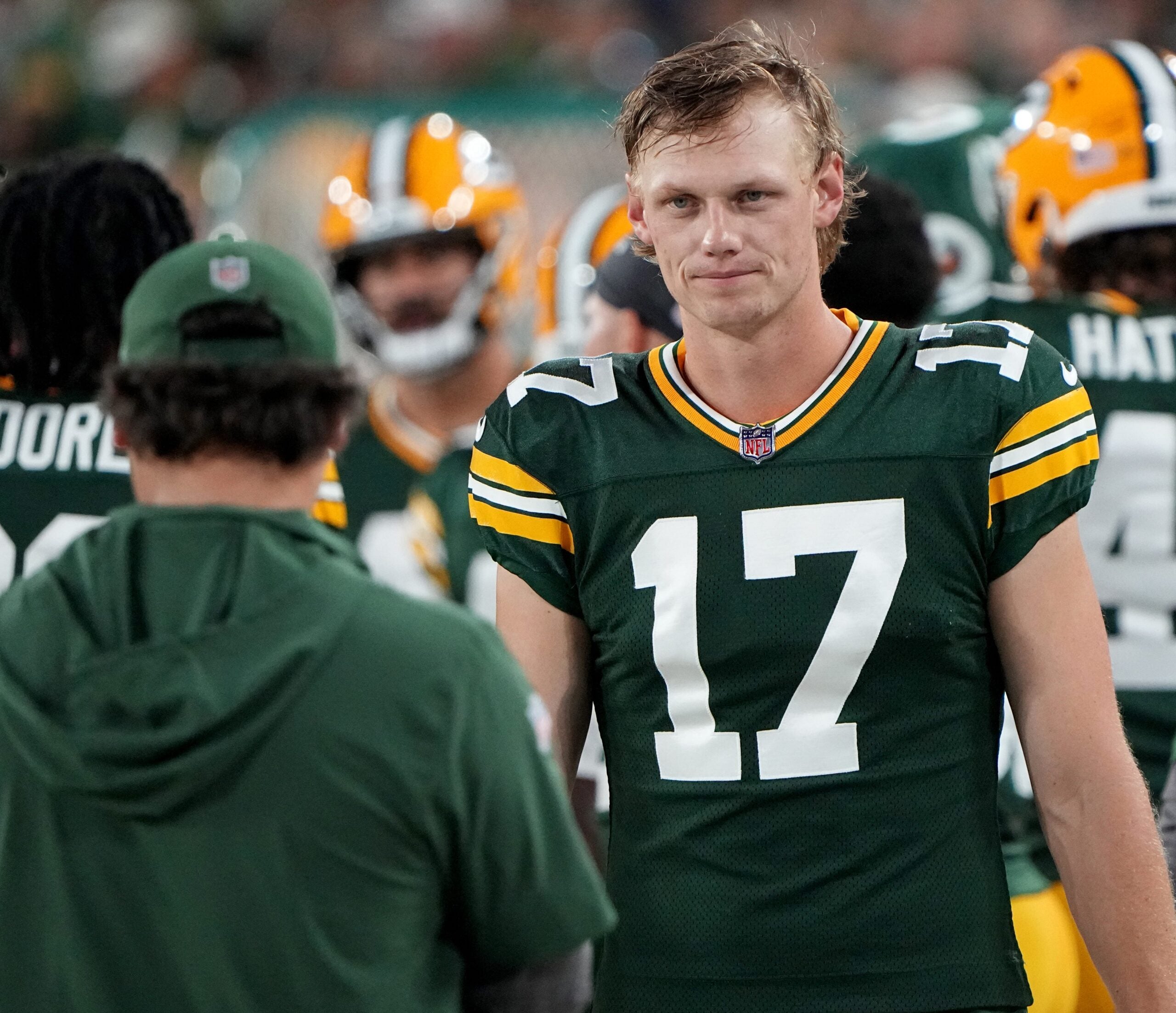 Green Bay Packers place kicker Anders Carlson (17) is shown during the third quarter of their preseason game against the New England Patriots Saturday, August 19, 2023 at Lambeau Field in Green Bay, Wis.