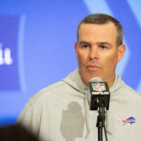 Feb 27, 2024; Indianapolis, IN, USA; Buffalo Bills general manager Brandon Beane talks to the media at the 2024 NFL Combine at Indiana Convention Center.