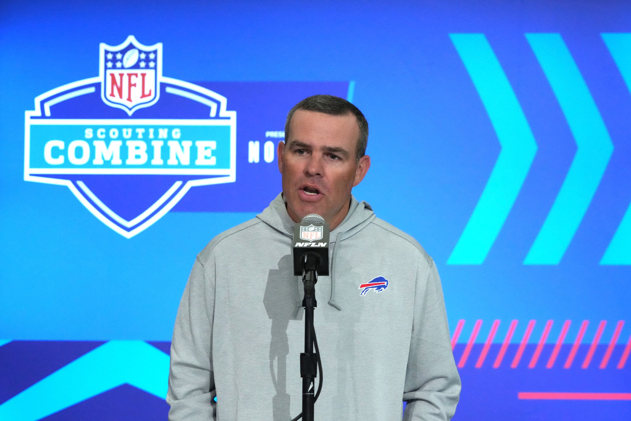 Feb 27, 2024; Indianapolis, IN, USA; Buffalo Bills general manager Brandon Beane speaks during a press conference during the NFL Scouting Combine at Indiana Convention Center.