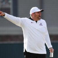 Mar 6, 2024; Tuscaloosa, Alabama, USA; Defensive coordinator Kane Wommack gives directions during practice of the Alabama Crimson Tide football team Wednesday.