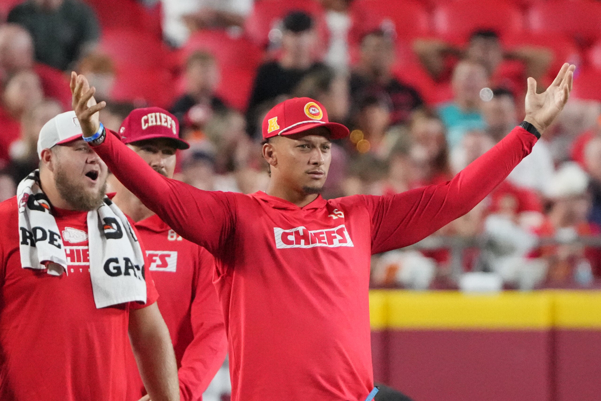Aug 22, 2024; Kansas City, Missouri, USA; Kansas City Chiefs quarterback Patrick Mahomes (15) reacts to play against the Chicago Bears during the second half at GEHA Field at Arrowhead Stadium.