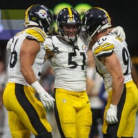 Sep 8, 2024; Atlanta, Georgia, USA; Pittsburgh Steelers linebacker Alex Highsmith (56) and linebacker Nick Herbig (51) and linebacker T.J. Watt (90) celebrate after a victory against the Atlanta Falcons at Mercedes-Benz Stadium.