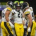 Sep 8, 2024; Atlanta, Georgia, USA; Pittsburgh Steelers linebacker Alex Highsmith (56) and linebacker Nick Herbig (51) and linebacker T.J. Watt (90) celebrate after a victory against the Atlanta Falcons at Mercedes-Benz Stadium.