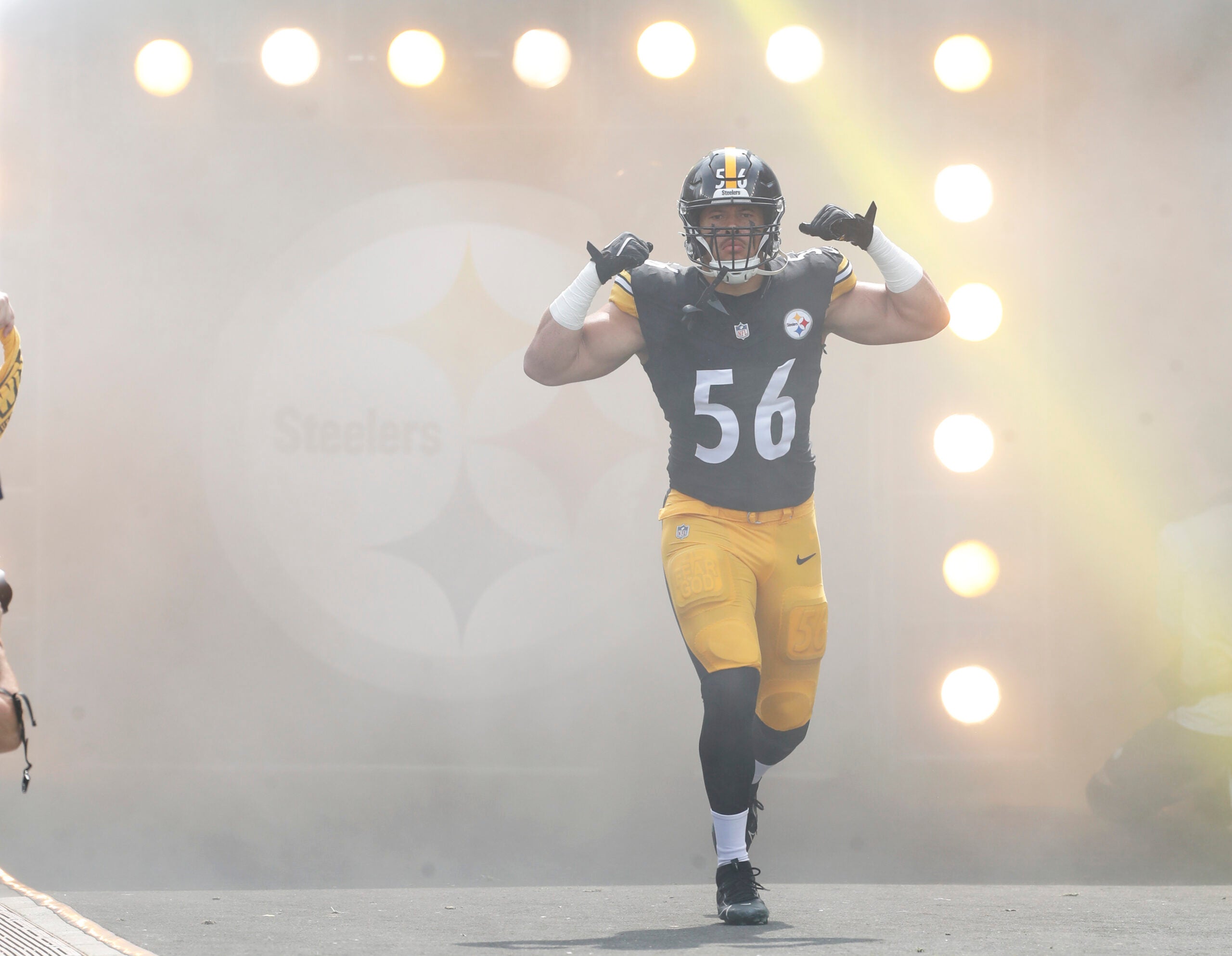 Sep 22, 2024; Pittsburgh, Pennsylvania, USA; Pittsburgh Steelers linebacker Alex Highsmith (56) reacts as he takes the field against the Los Angeles Chargers at Acrisure Stadium.