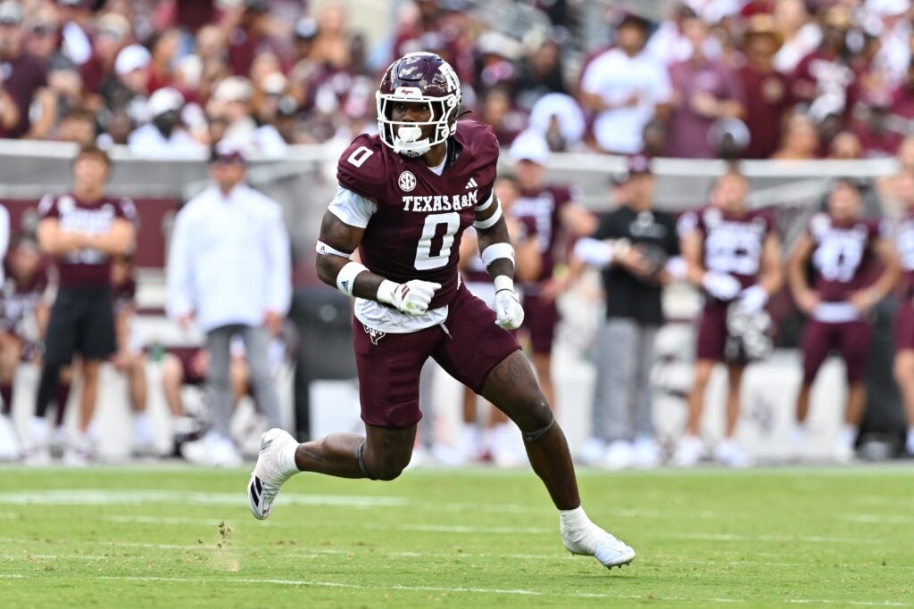 Oct 5, 2024; College Station, Texas, USA; Texas A&M Aggies linebacker Scooby Williams (0) defends in coverage in the fourth quarter against the Missouri Tigers at Kyle Field.