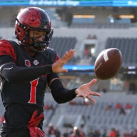Oct 5, 2024; San Diego, California, USA; San Diego State Aztecs cornerback Chris Johnson (1) warms up before the game against the Hawaii Rainbow Warriors at Snapdragon Stadium.