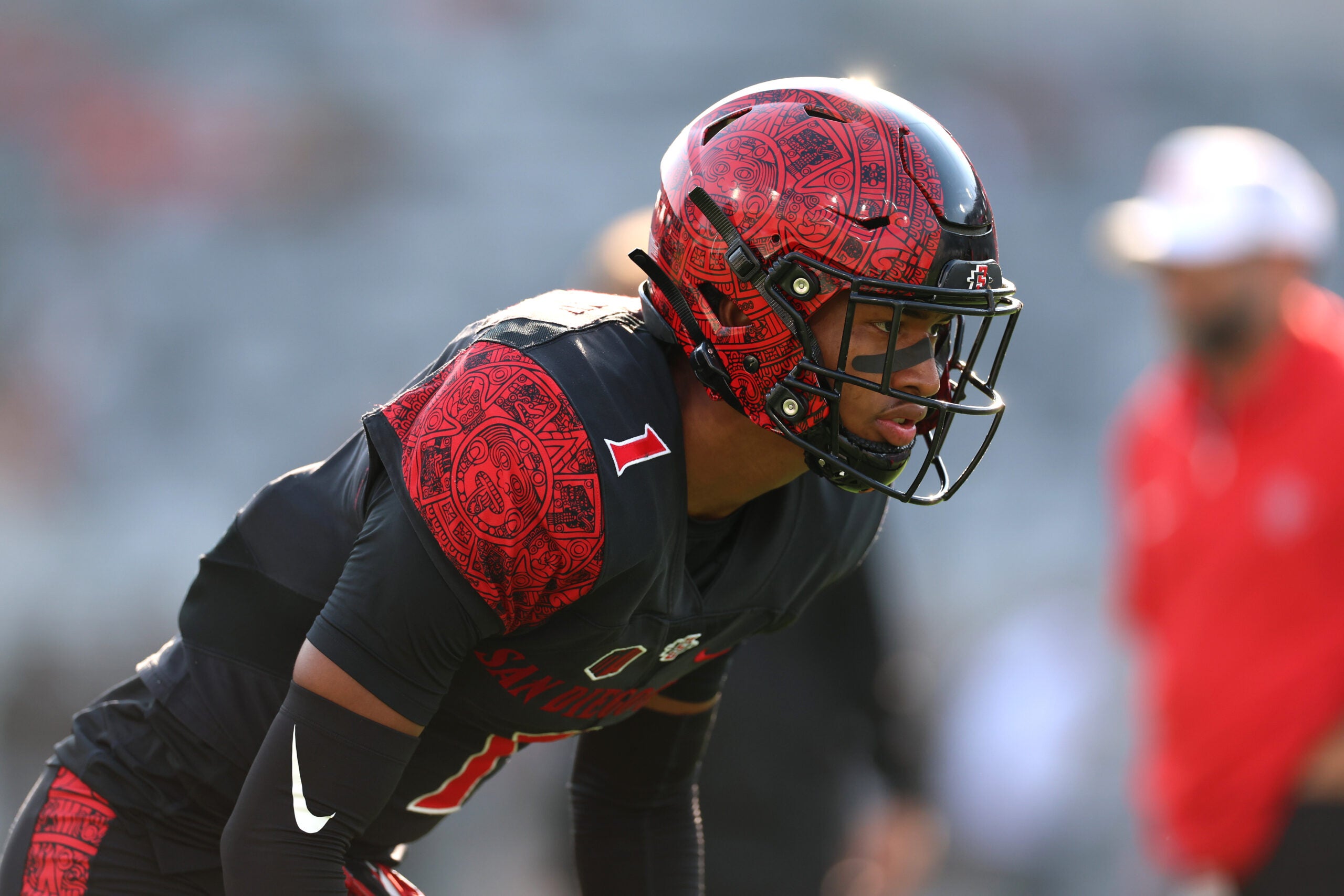 Oct 5, 2024; San Diego, California, USA; San Diego State Aztecs cornerback Chris Johnson (1) warms up against the Hawaii Rainbow Warriors before the game at Snapdragon Stadium.