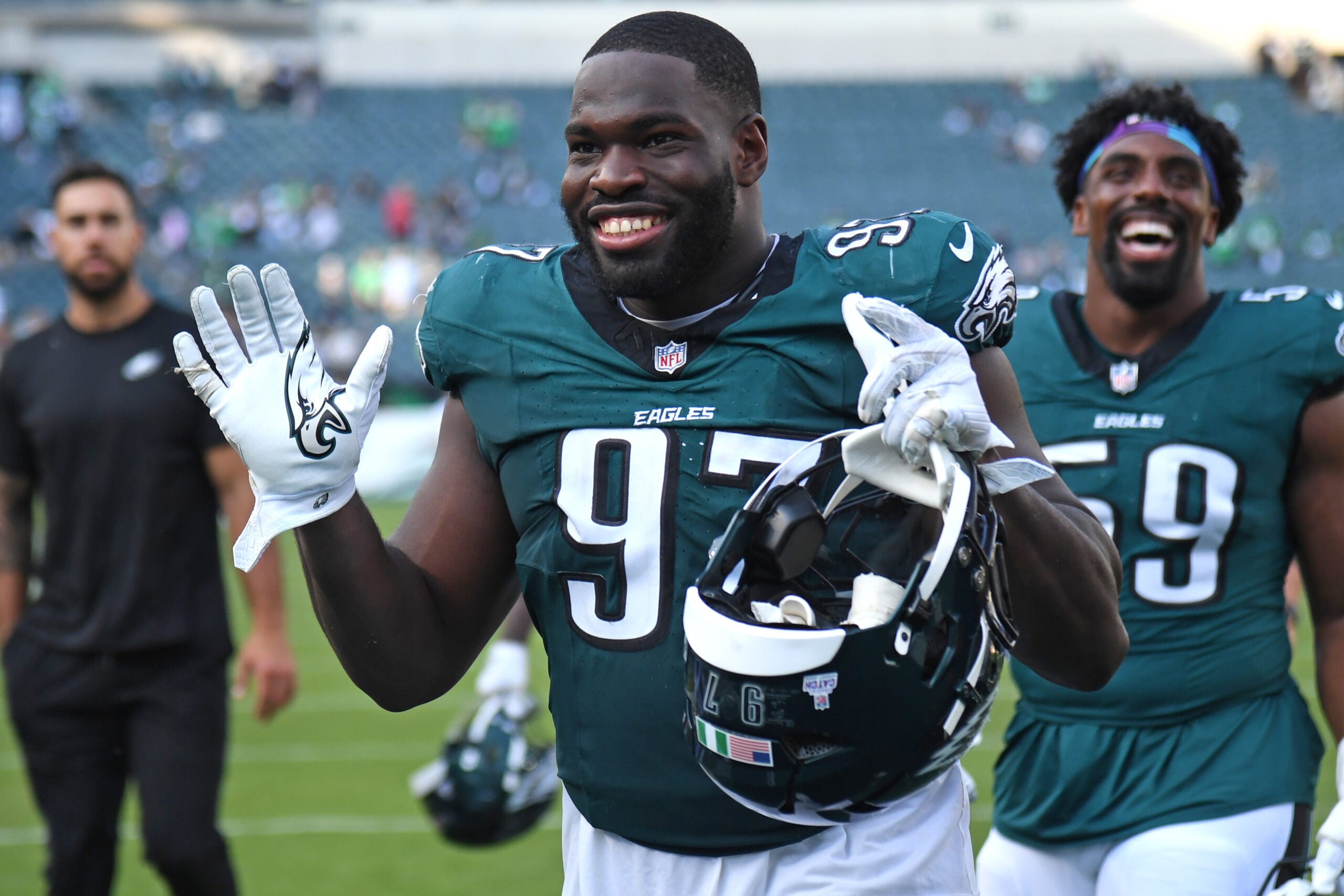 Oct 13, 2024; Philadelphia, Pennsylvania, USA; Philadelphia Eagles defensive tackle Moro Ojomo (97) walks off the field after win against the Cleveland Browns at Lincoln Financial Field.