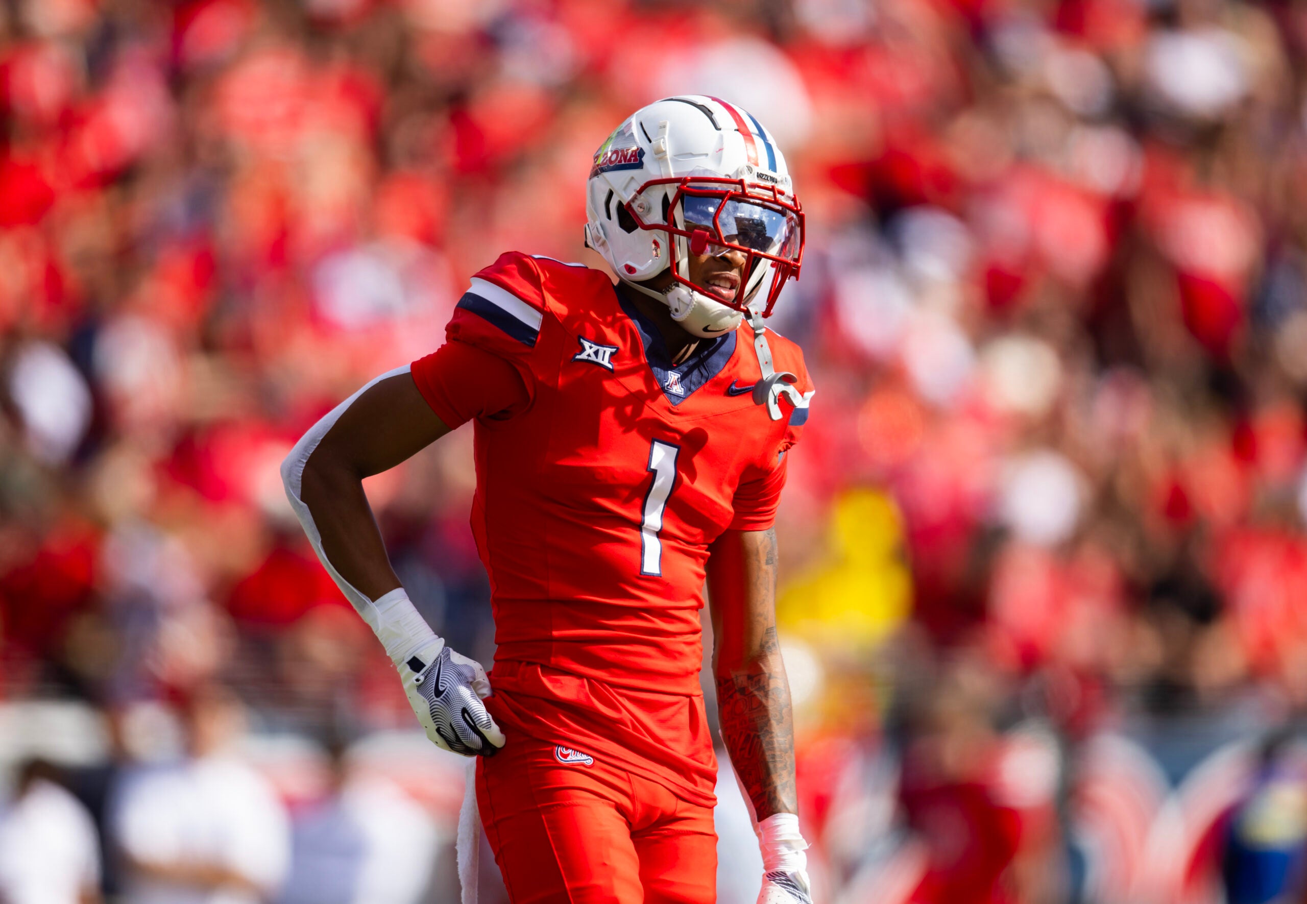 Oct 19, 2024; Tucson, Arizona, USA; Arizona Wildcats cornerback Tacario Davis (1) against the Colorado Buffalos at Arizona Stadium.