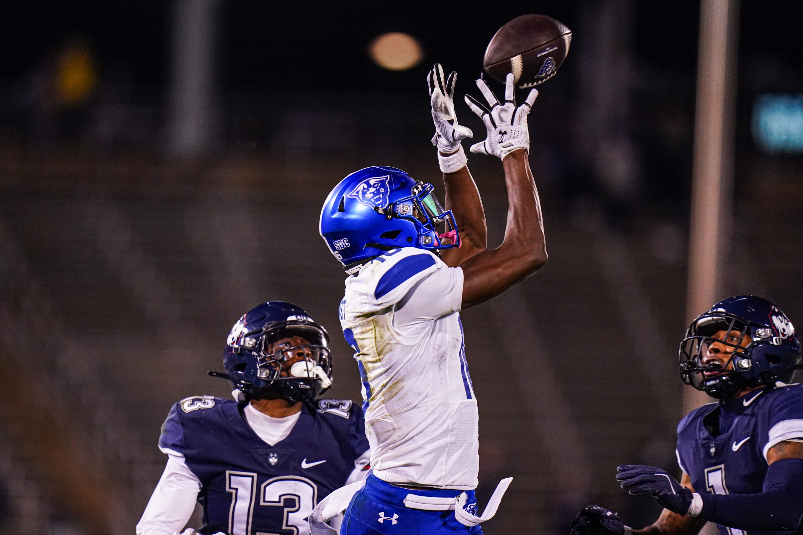 Nov 1, 2024; East Hartford, Connecticut, USA; Georgia State Panthers wide receiver Ted Hurst (16) makes the catch against the Connecticut Huskies in the second half at Rentschler Field at Pratt & Whitney Stadium.