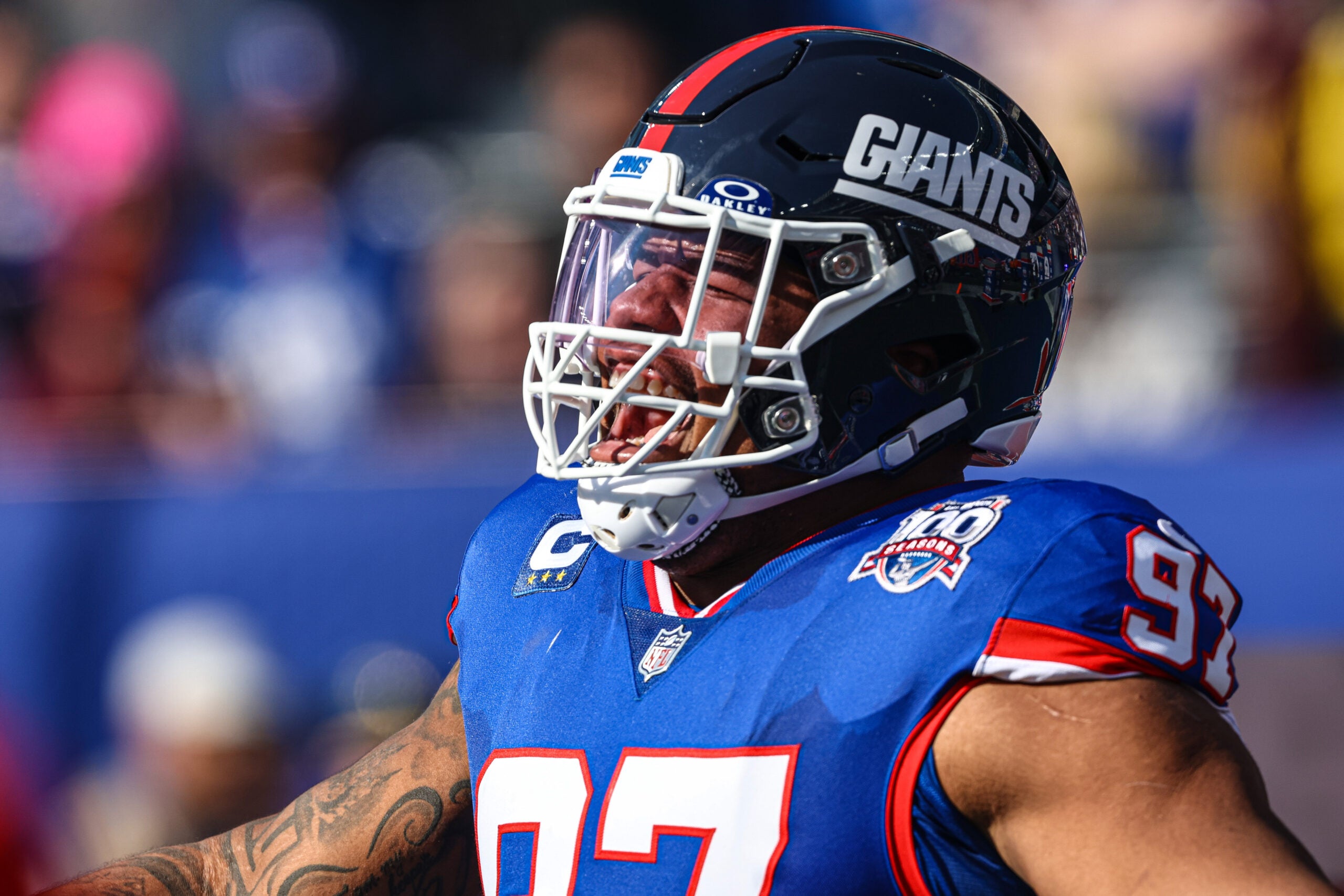 Nov 3, 2024; East Rutherford, New Jersey, USA; New York Giants defensive tackle Dexter Lawrence (97) reacts during introductions before the game against the Washington Commanders at MetLife Stadium.