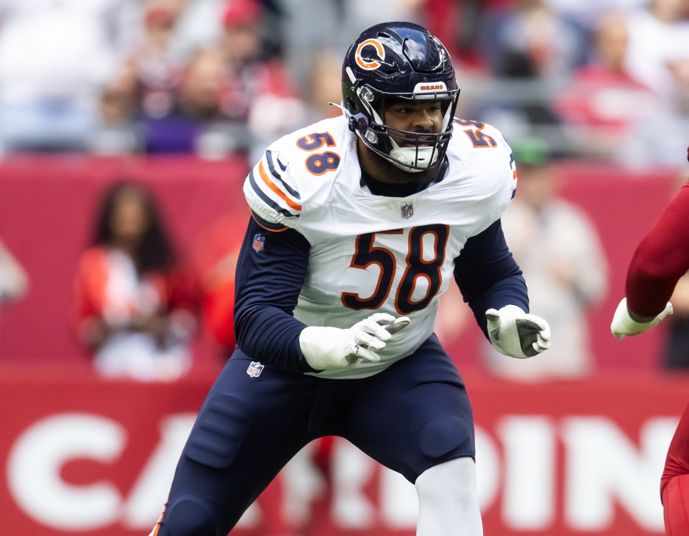Nov 3, 2024; Glendale, Arizona, USA; Chicago Bears offensive tackle Darnell Wright (58) against the Arizona Cardinals at State Farm Stadium.