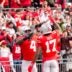 Ohio State Buckeyes wide receiver Jeremiah Smith (4) celebrates with wide receiver Carnell Tate (17) after Smith scored a touchdown in the first half at Ohio Stadium on Saturday, Nov. 9, 2024 in Columbus, Ohio.
