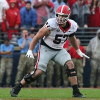 Nov 9, 2024; Oxford, Mississippi, USA; Georgia Bulldogs offensive lineman Monroe Freeling (57) blocks during the first half against the Mississippi Rebels at Vaught-Hemingway Stadium.