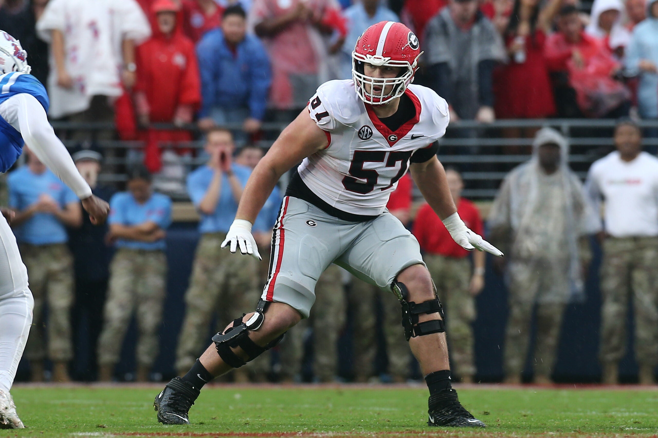 Nov 9, 2024; Oxford, Mississippi, USA; Georgia Bulldogs offensive lineman Monroe Freeling (57) blocks during the first half against the Mississippi Rebels at Vaught-Hemingway Stadium.