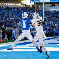Nov 16, 2024; Lexington, Kentucky, USA; Kentucky Wildcats wide receiver Ja'Mori Maclin (9) catches a pass in the end zone for a touchdown during the second quarter against the Murray State Racers at Kroger Field.