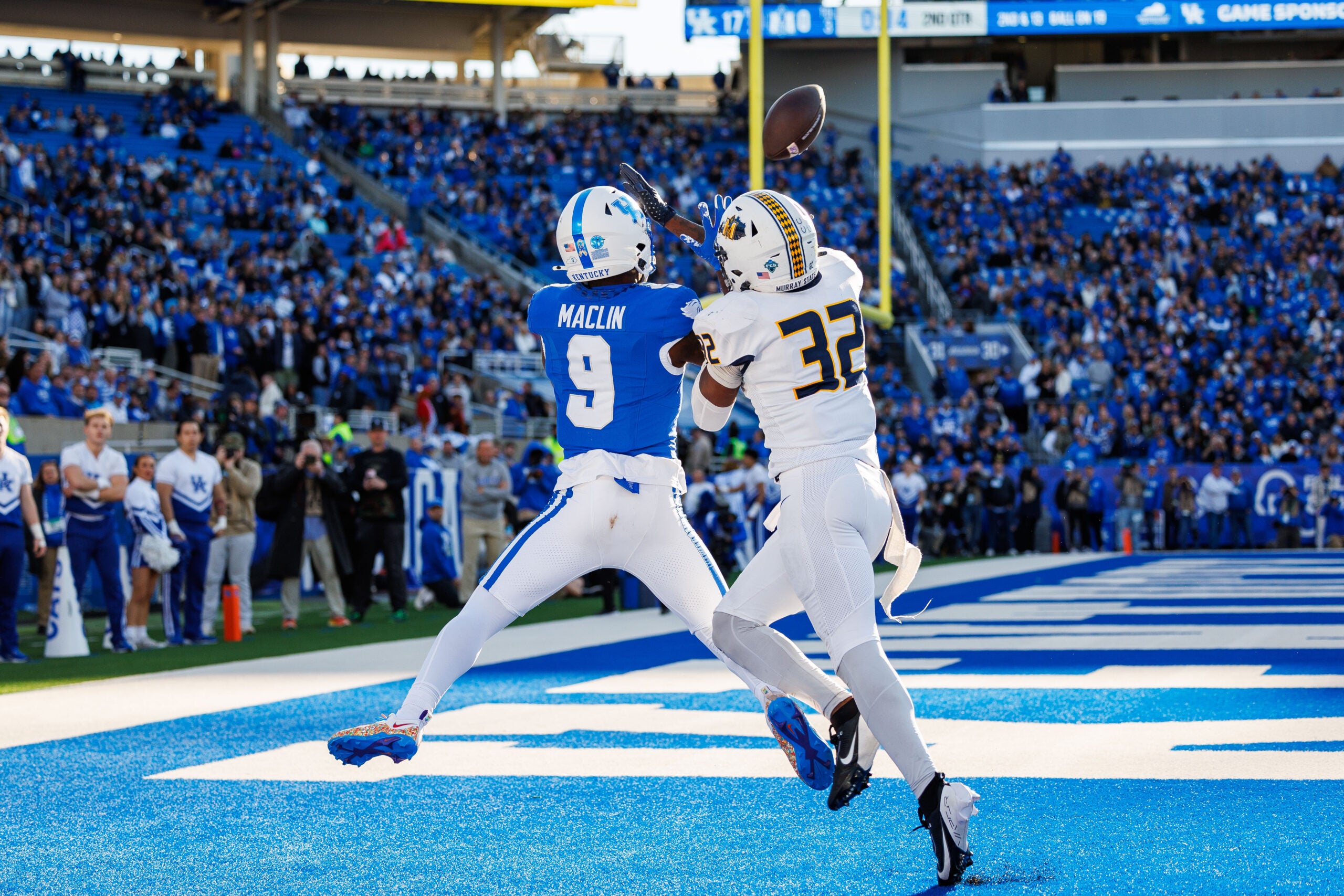 Nov 16, 2024; Lexington, Kentucky, USA; Kentucky Wildcats wide receiver Ja'Mori Maclin (9) catches a pass in the end zone for a touchdown during the second quarter against the Murray State Racers at Kroger Field.
