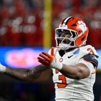Dec 7, 2024; Charlotte, NC, USA; Clemson Tigers defensive end T.J. Parker (3) reacts after a play during the third quarter against the Southern Methodist Mustangs in the 2024 ACC Championship game at Bank of America Stadium.