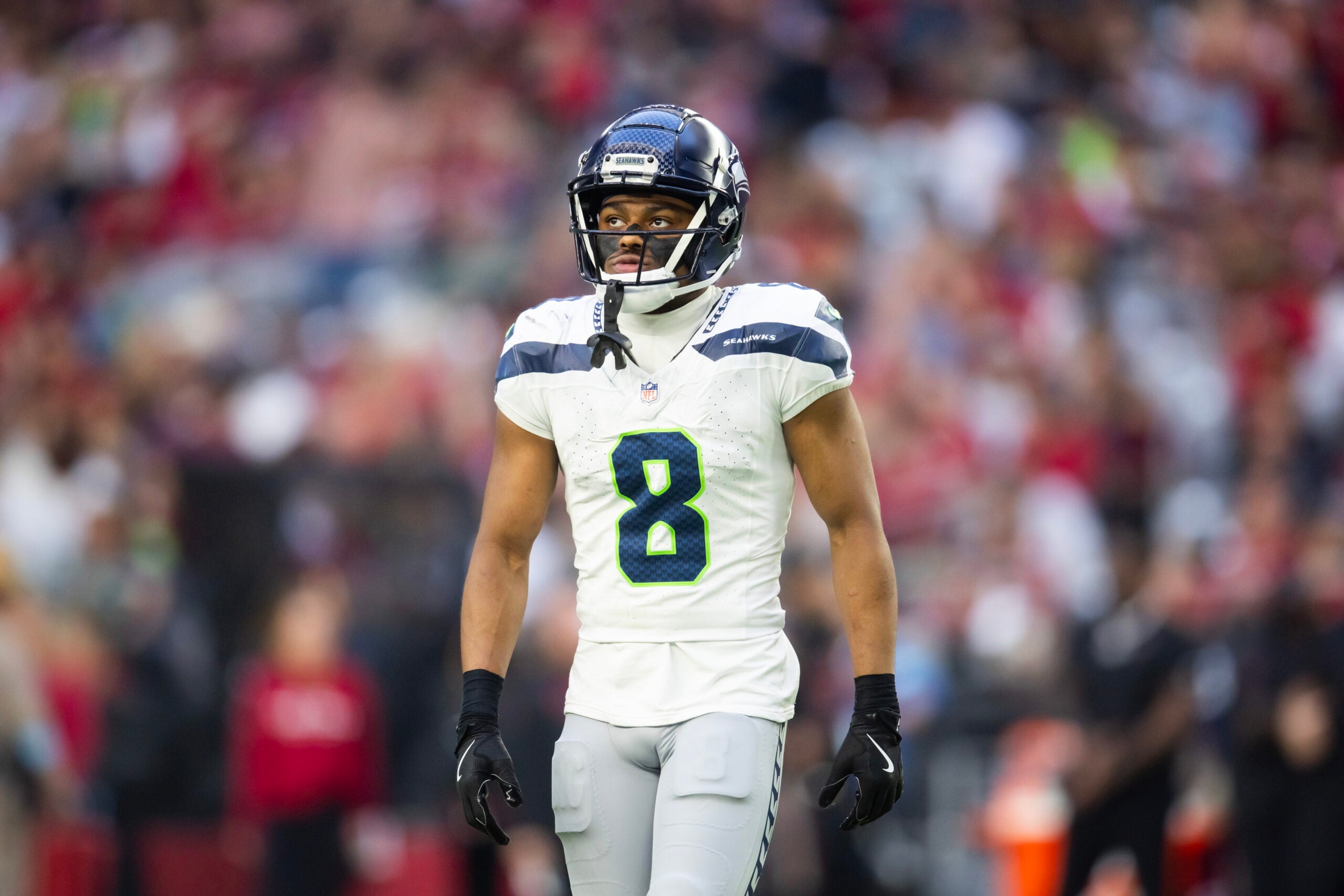 Dec 8, 2024; Glendale, Arizona, USA; Seattle Seahawks cornerback Coby Bryant (8) against the Arizona Cardinals at State Farm Stadium.