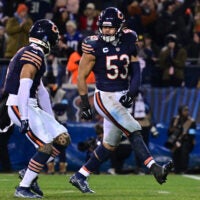Dec 26, 2024; Chicago, Illinois, USA; Chicago Bears linebacker T.J. Edwards (53) and cornerback Kyler Gordon (6) celebrate a defensive stop against the Seattle Seahawks during the fourth quarter at Soldier Field.