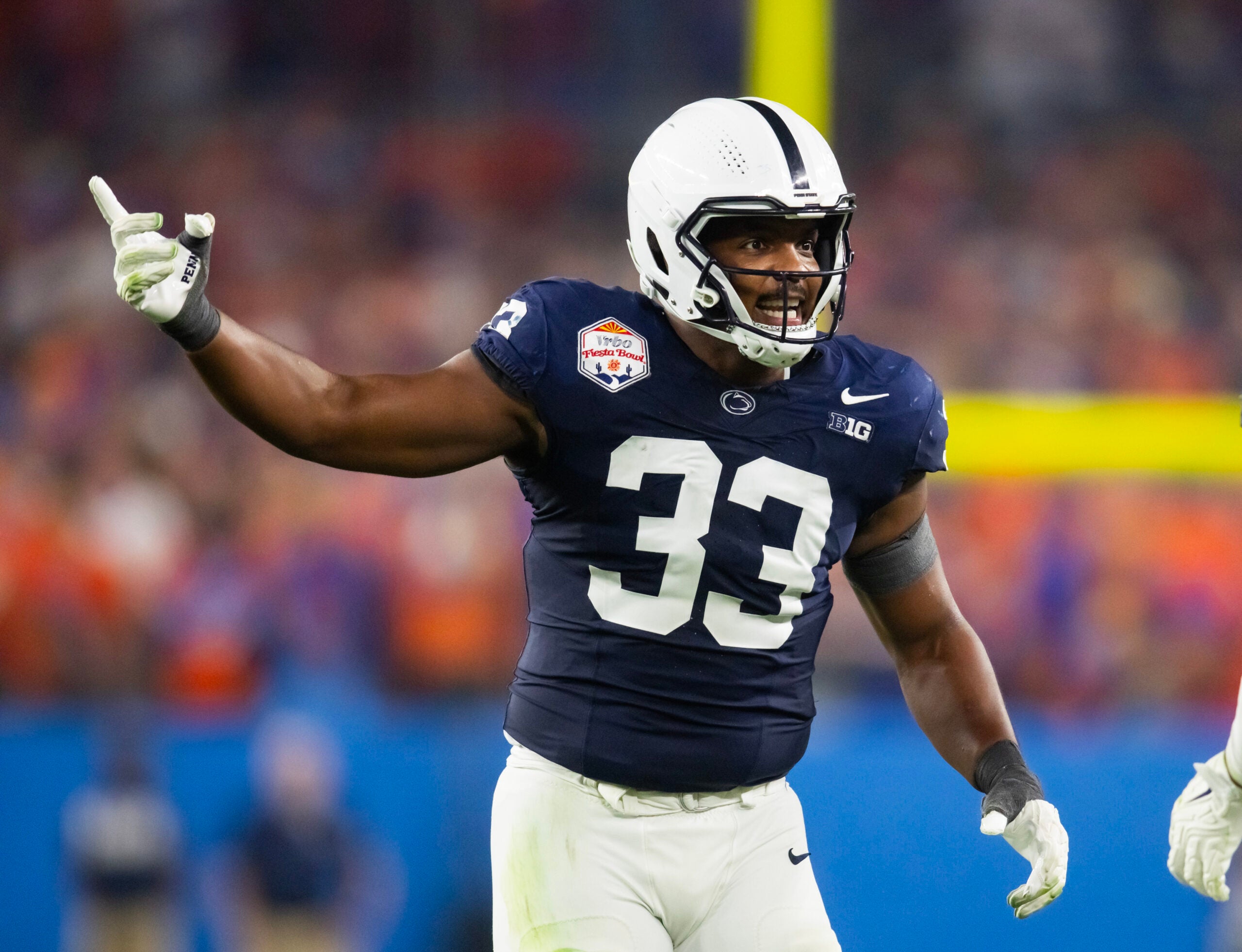 Dec 31, 2024; Glendale, AZ, USA; Penn State Nittany Lions defensive end Dani Dennis-Sutton (33) against the Boise State Broncos during the Fiesta Bowl at State Farm Stadium.