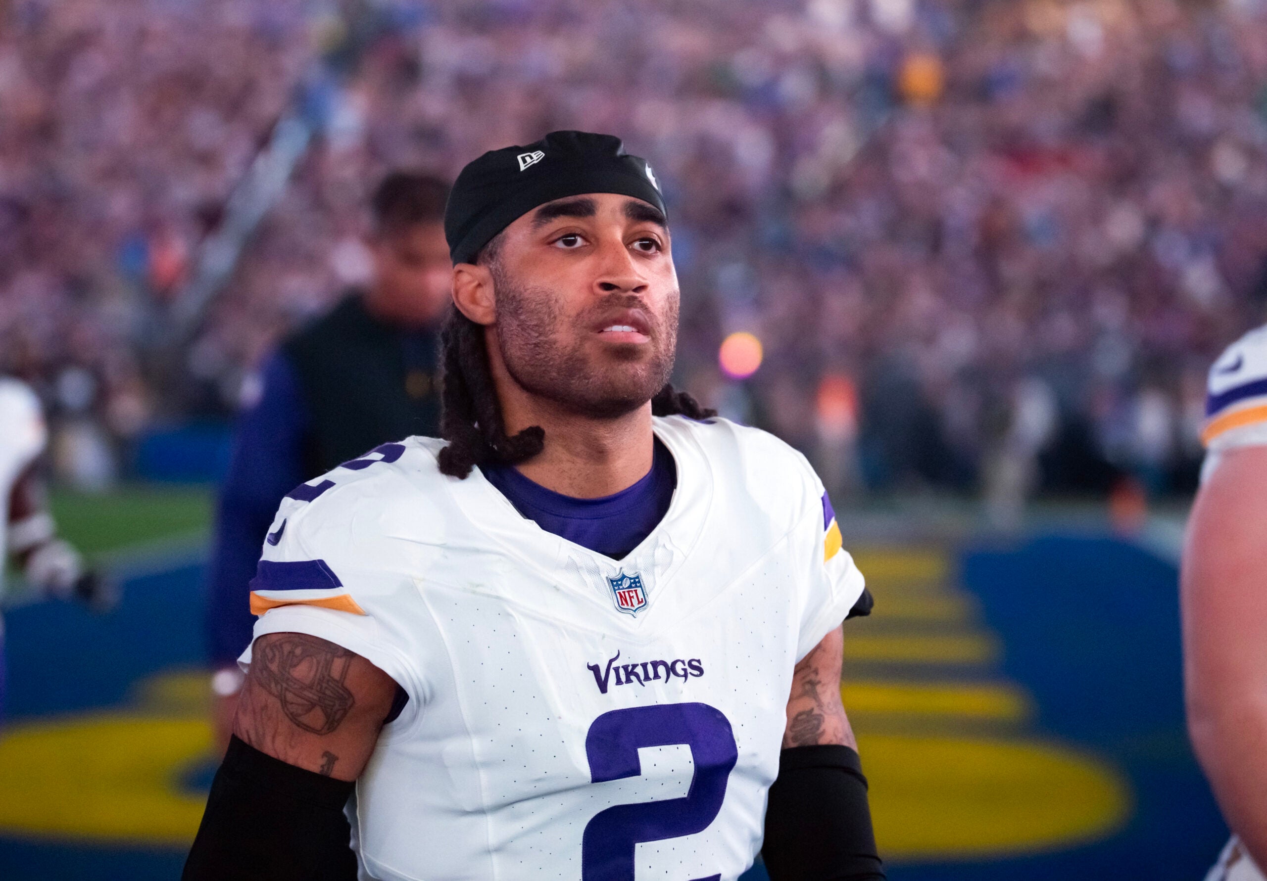 Jan 13, 2025; Glendale, AZ, USA; Minnesota Vikings cornerback Stephon Gilmore (2) against the Los Angeles Rams during an NFC wild card game at State Farm Stadium.