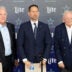 Jan 27, 2025; Frisco, TX, USA; (L to R) Dallas Cowboys CEO Stephen Jones, head coach Brian Schottenheimer and owner Jerry Jones pose for pictures after a press conference at the Star.