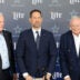 Jan 27, 2025; Frisco, TX, USA; (L to R) Dallas Cowboys CEO Stephen Jones,head coach Brian Schottenheimer and owner Jerry Jones pose for pictures after a press conference at the Star.