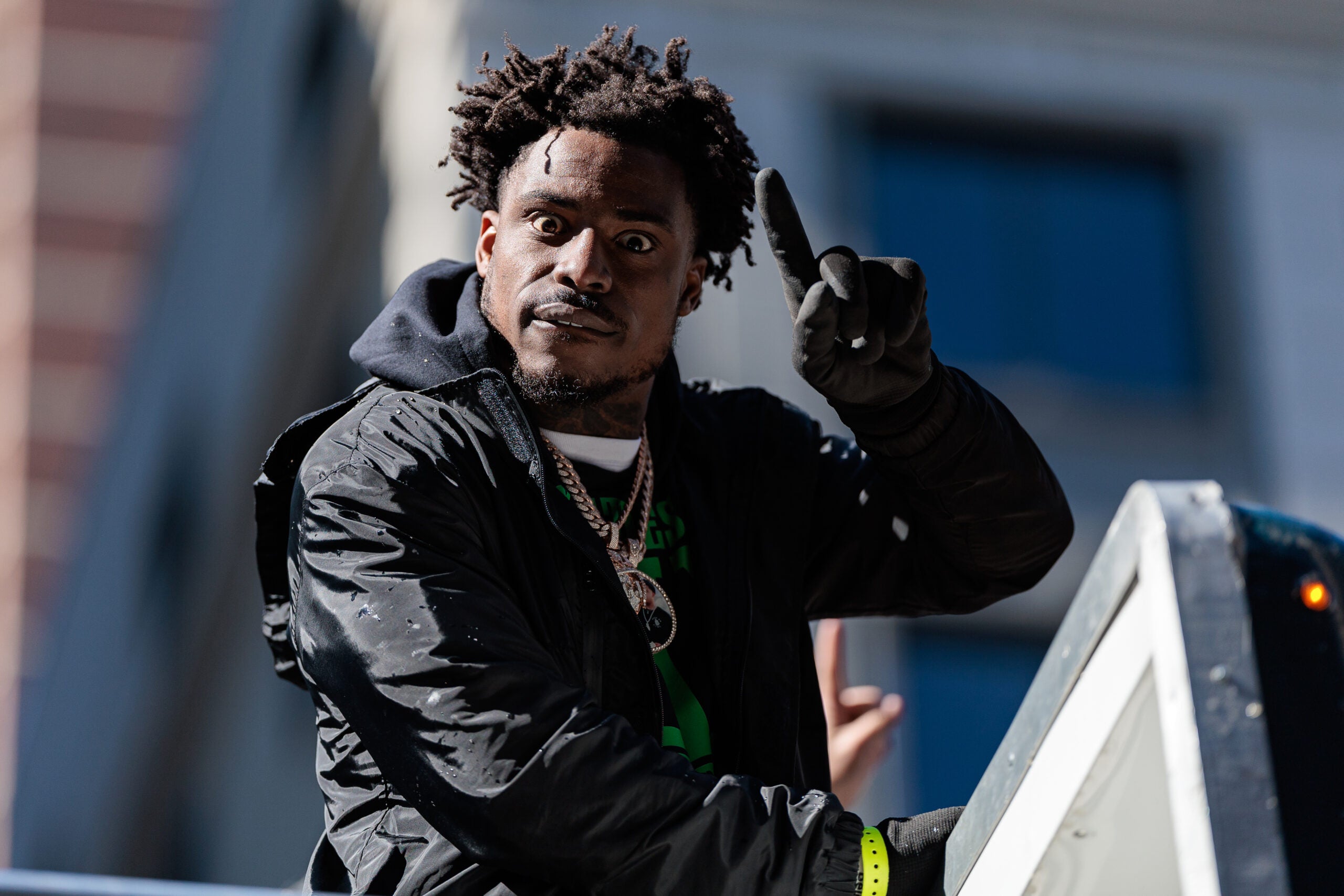Feb 14, 2025; Philadelphia, PA, USA; Philadelphia Eagles safety C.J. Gardner-Johnson (8) celebrates during the Super Bowl LIX championship parade and rally.