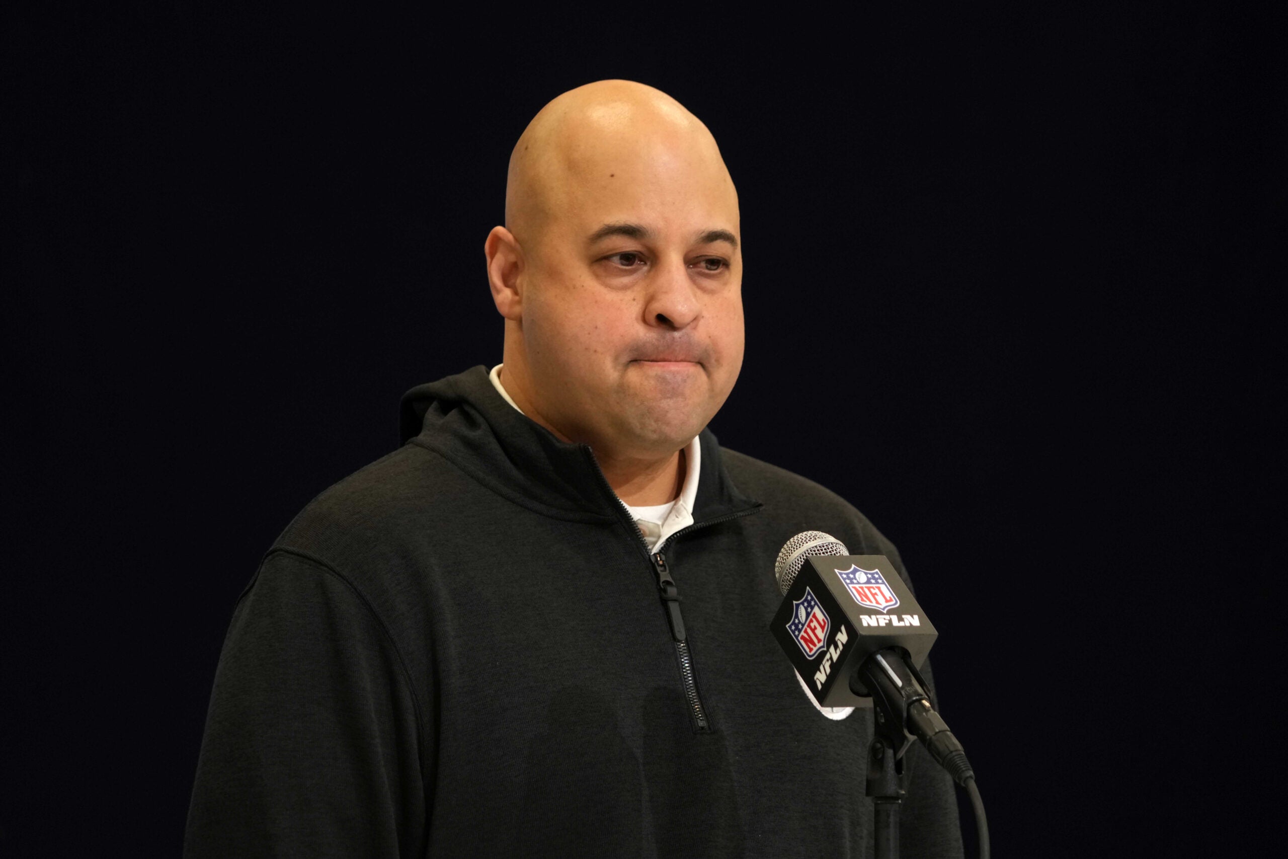 Feb 25, 2025; Indianapolis, IN, USA; Pittsburgh Steelers general manager Omar Khan speaks during the NFL Scouting Combine at the Indiana Convention Center.