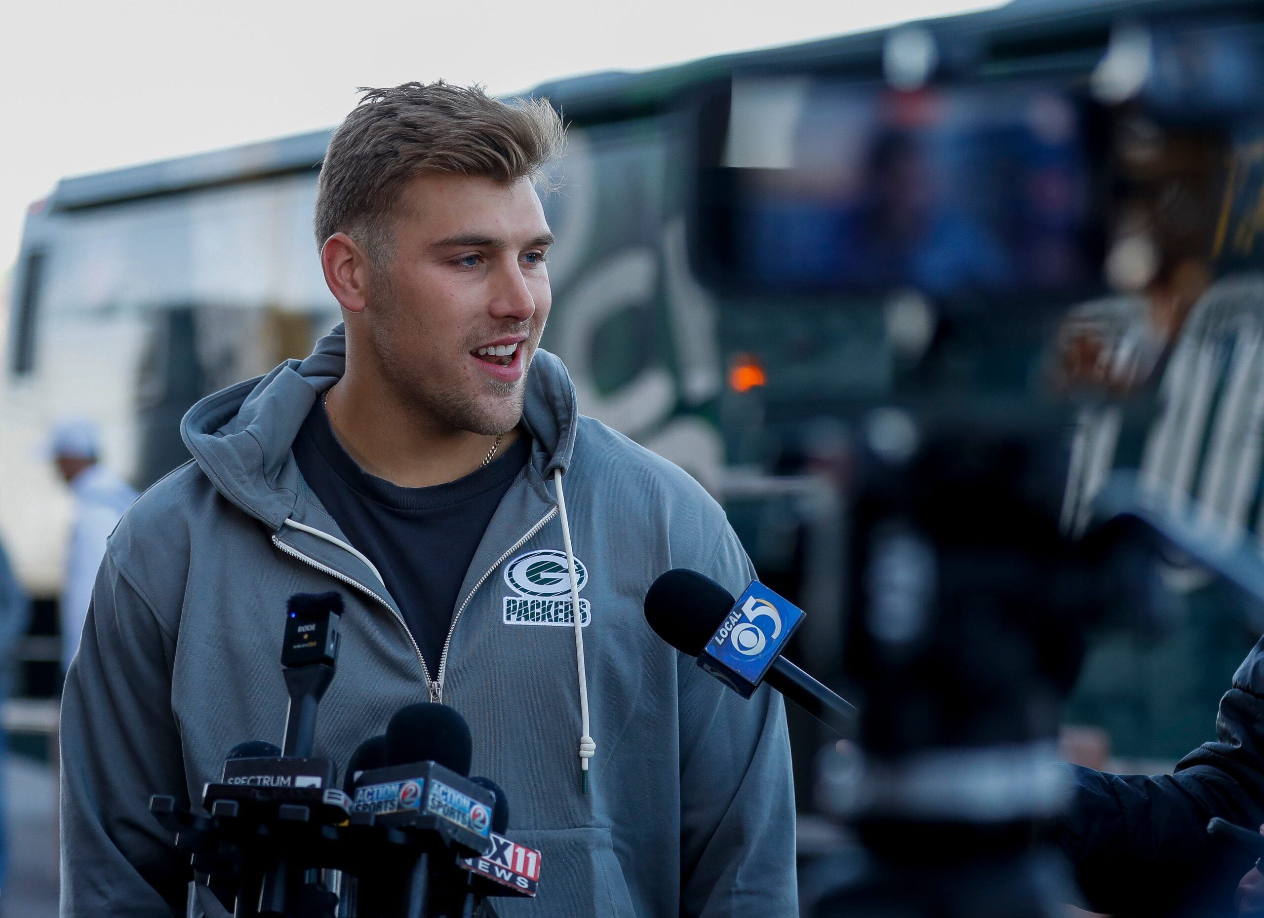 Green Bay Packers defensive end Lukas Van Ness talks to the media during the 2025 Packers Tailgate Tour sendoff on Tuesday, April 8, 2025, at Lambeau Field in Green Bay, Wis.
