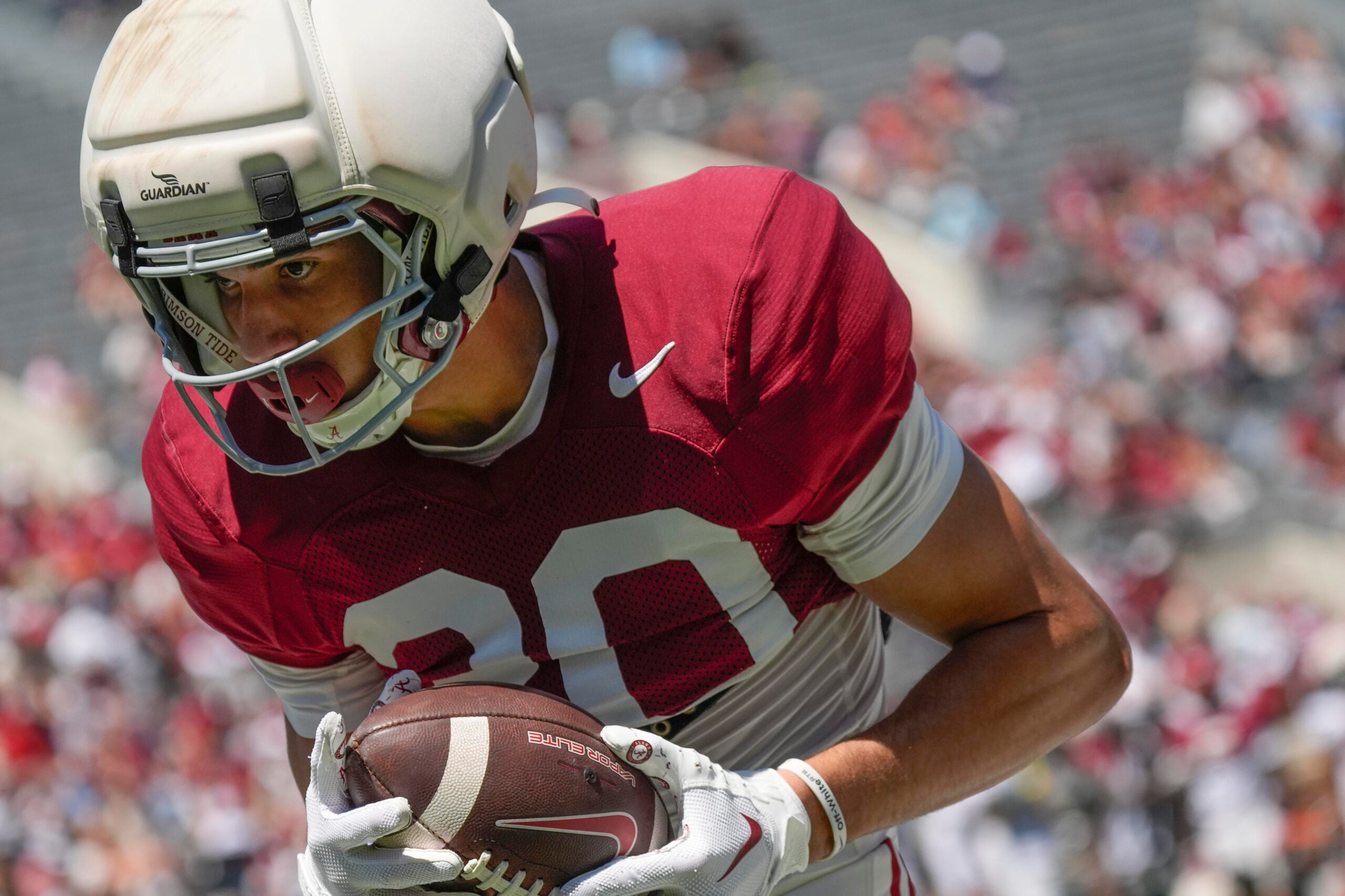 Apr 12, 2025; Tuscaloosa, AL, USA; Alabama wide receiver Derek Meadows (30) hauls in a pass during A-Day at Bryant-Denny Stadium.