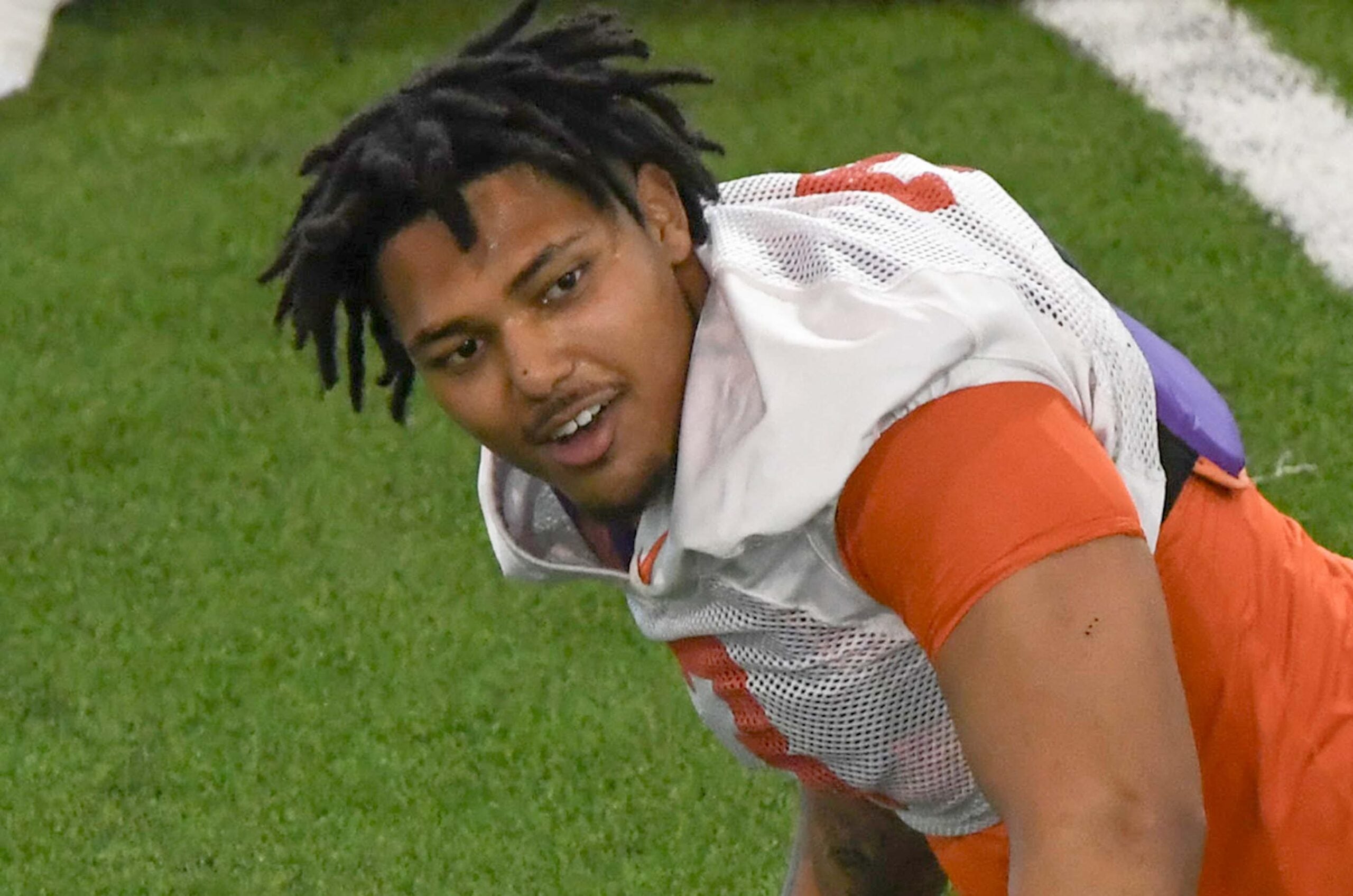 Clemson defensive end T.J. Parker (3) during the first football practice at the Allen N. Reeves Football Complex at Clemson University in Clemson, S.C. Friday, February 28, 2025.