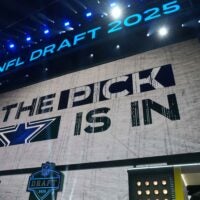 Apr 24, 2025; Green Bay, WI, USA; The Dallas Cowboys logo is projected on the video board during the NFL Draft at Lambeau Field.