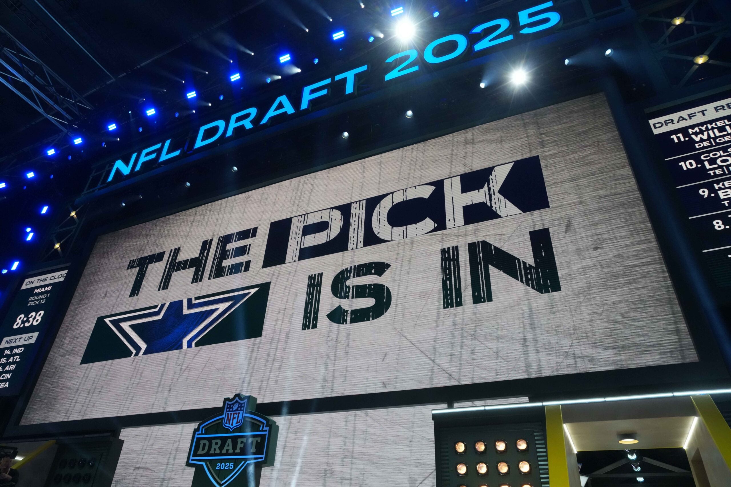 Apr 24, 2025; Green Bay, WI, USA; The Dallas Cowboys logo is projected on the video board during the NFL Draft at Lambeau Field.