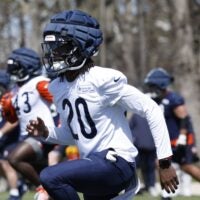 May 9, 2025; Lake Forest, IL, USA; Chicago Bears defensive back Zah Frazier (20) warms up during the Rookie Minicamp at Halas Hall.