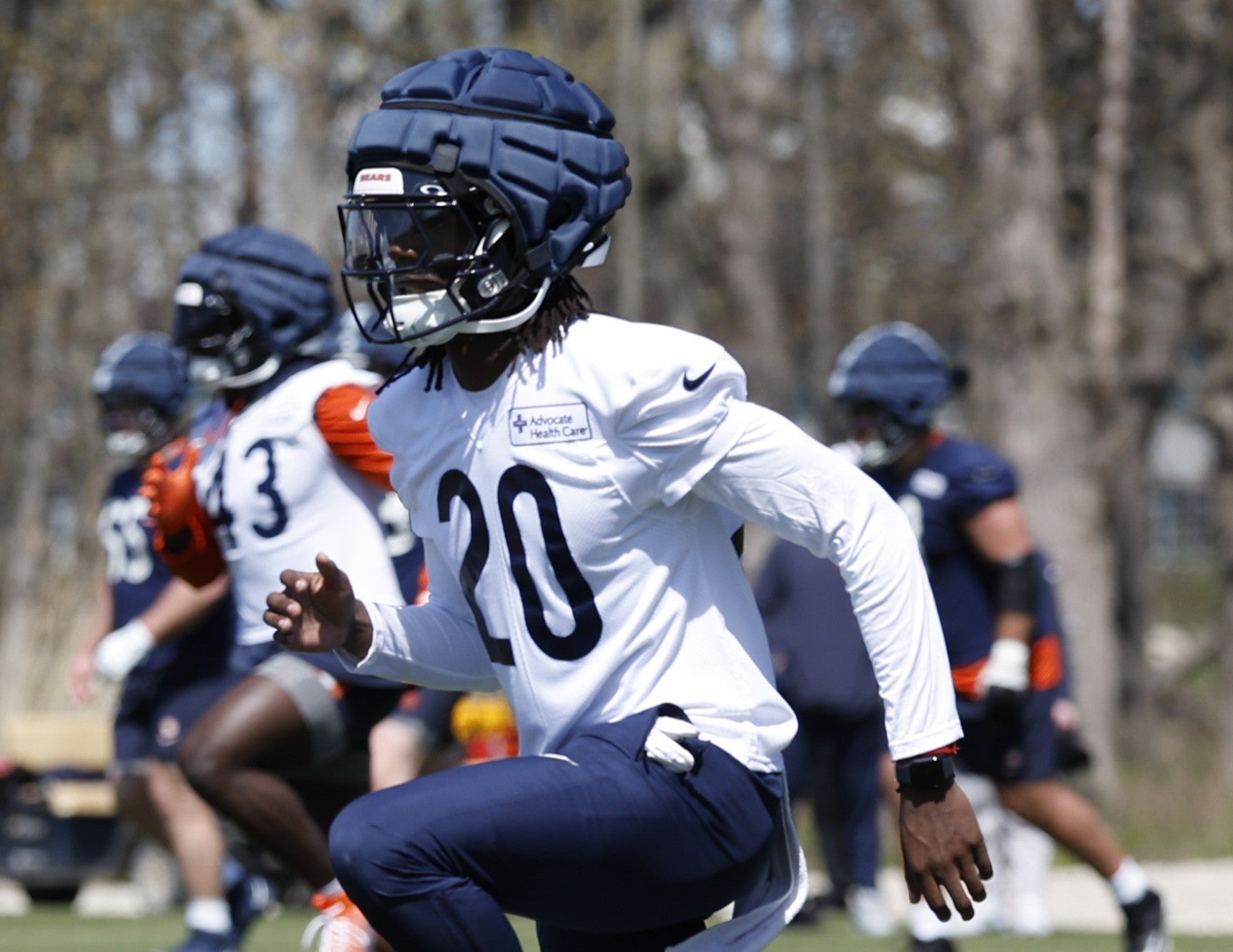 May 9, 2025; Lake Forest, IL, USA; Chicago Bears defensive back Zah Frazier (20) warms up during the Rookie Minicamp at Halas Hall.