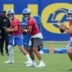 Jun 3, 2025; Woodland Hills, CA, USA; Los Angeles Rams quarterbacks Matthew Stafford (left), Jimmy Garoppolo (center) and Stetson Bennett throw the ball during organized team activities at Rams Practice Facility.