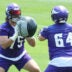 Jun 10, 2025; Minneapolis, MN, USA; Minnesota Vikings offensive tackle Brian O'Neill (75) and guard Blake Brandel (64) practice during minicamp at the Minnesota Vikings Training Facility.