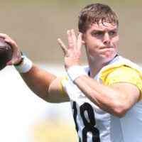 Jul 24, 2025; Latrobe, PA, USA; Pittsburgh Steelers quarterback Will Howard (18) participates in drills during training camp at Saint Vincent College.