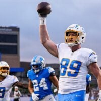 LA Chargers tight end Will Dissly (89) makes a catch for a touchdown against Detroit Lions during the first half of the Hall of Fame Game at Tom Benson Hall of Fame Stadium in Canton, Ohio on Thursday, July 31, 2025.
