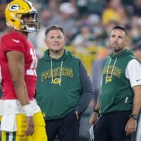 Green Bay Packers general manager Brian Gutekunst and head coach Matt LaFleur survey practice during Family Night on Saturday, August 2, 2025, at Lambeau Field in Green Bay, Wis.