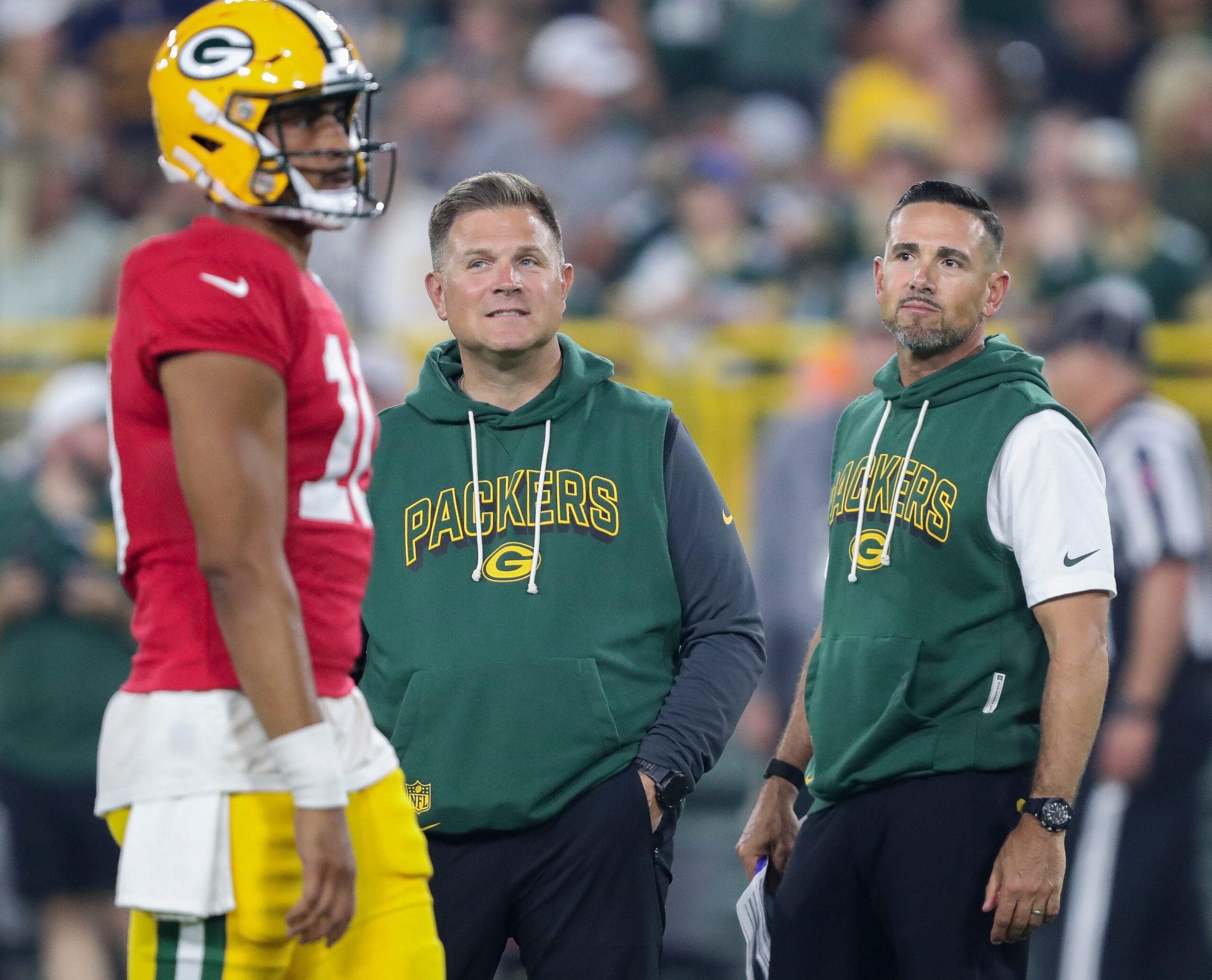 Green Bay Packers general manager Brian Gutekunst and head coach Matt LaFleur survey practice during Family Night on Saturday, August 2, 2025, at Lambeau Field in Green Bay, Wis.