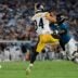 Jacksonville Jaguars safety Darnell Savage (6) tackles Pittsburgh Steelers running back Max Hurleman (34)during the second quarter of an NFL preseason matchup at EverBank Stadium, Saturday, Aug. 9, 2025 in Jacksonville, Fla. [Corey Perrine/Florida Times-Union]