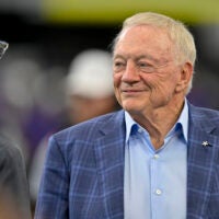 Dallas Cowboys owner Jerry Jones (left) looks on before the game against the Baltimore Ravens at AT&T Stadium.