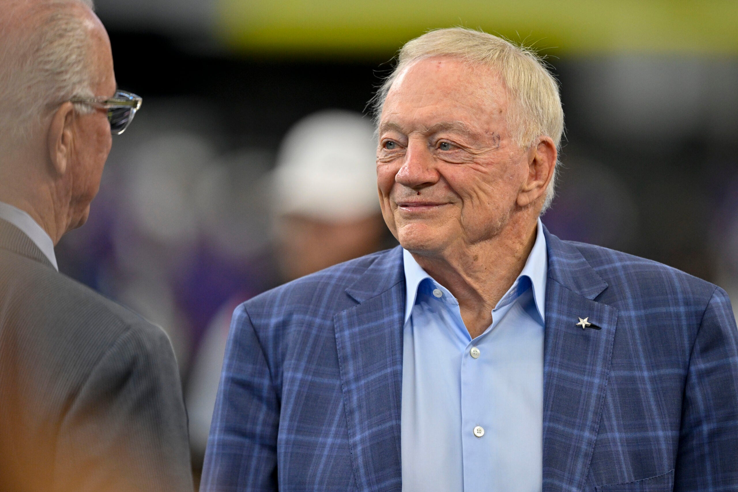 Dallas Cowboys owner Jerry Jones (left) looks on before the game against the Baltimore Ravens at AT&T Stadium.