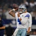 Aug 16, 2025; Arlington, Texas, USA; Dallas Cowboys quarterback Dak Prescott (4) warms up before the game at against the Baltimore Ravens AT&T Stadium.