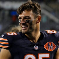 Aug 17, 2025; Chicago, Illinois, USA; Chicago Bears tight end Cole Kmet (85) after the game against the Buffalo Bills at Soldier Field.